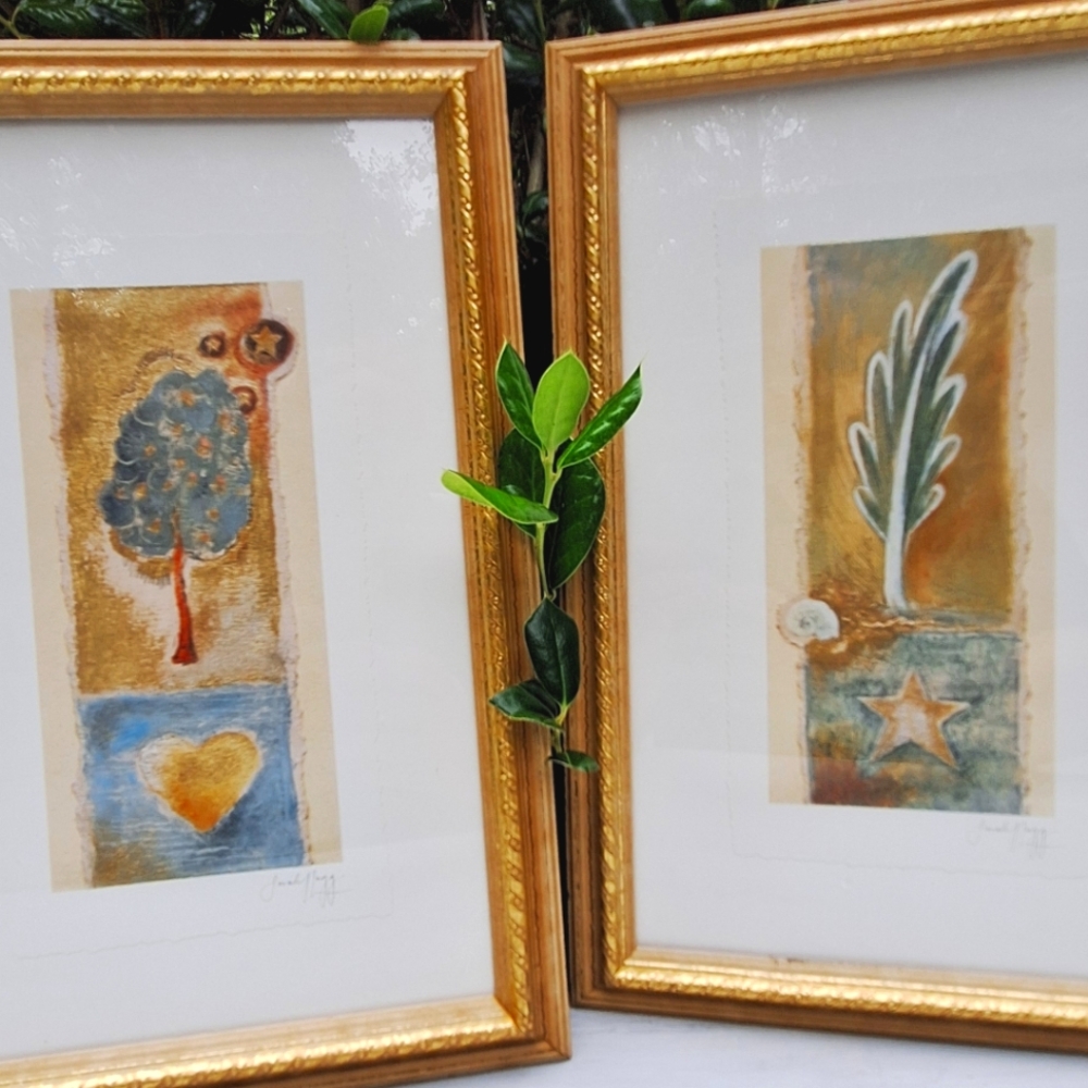 Gold Leaf Tree Artist Sarah Lugg Framed Art Wall Hanging Matching Pair Set of 2
